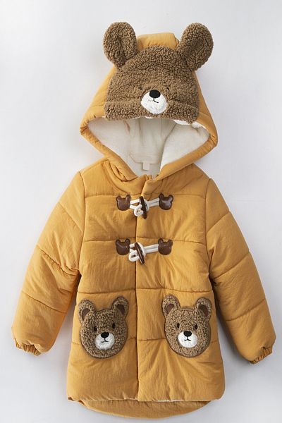 PODIUM GYM Trendy New Cute Bear Figured Zipper & Shepherd's Button Winter Ear Detailed Hooded Winter Coat