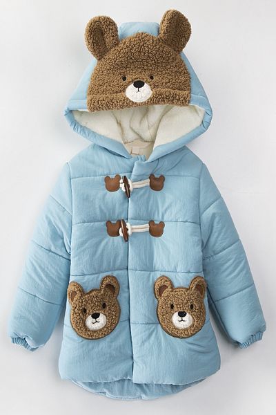 PODIUM GYM Cute Bear Figured Zipper & Shepherd's Button Winter Ear Detailed Hooded Winter Coat