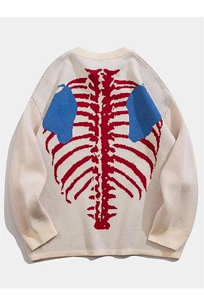 Planet Butik Skeleton Heart Unisex Oversize Ecru Sweater