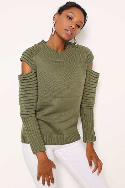 AVORWE Jacquard Knitted Sleeve Slit Knitwear Sweater