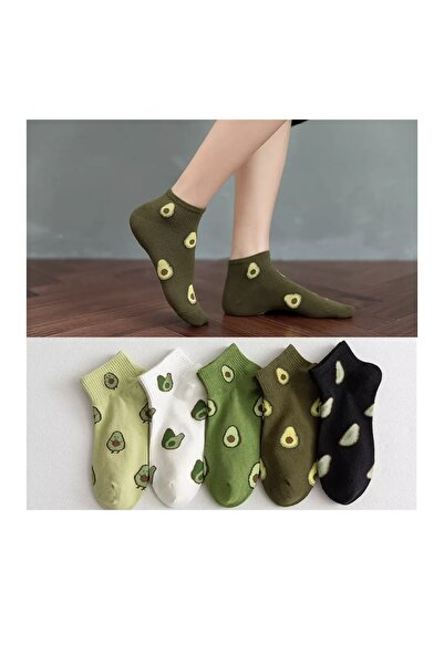 REYNBOO SOCKS 5 أزواج من جوارب تنس نسائية نصف مغسولة ملونة ومنقوشة بالأفوكادو