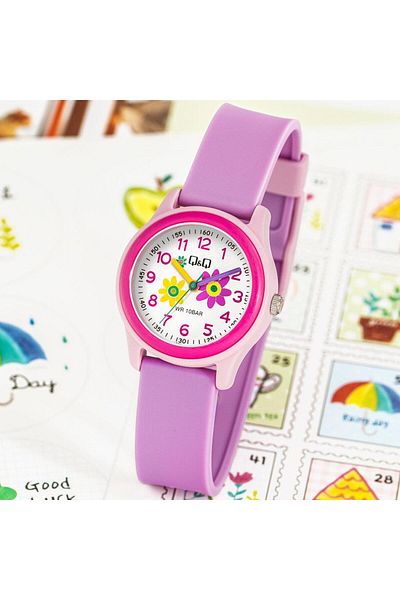 Q&Q Lilac Color Flower Pattern 10 ATM Waterproof Girl's Wristwatch