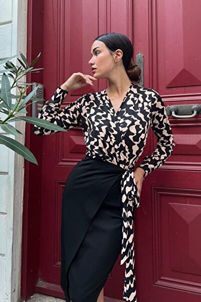 JANES Long Sleeve Double Breasted Collar Bow Black Dress