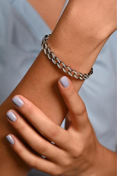 TÜKKAN ACCESSORİES ZİNCİR DESEN BİR TARAFI ZİRKON TAŞLI BİR TARAFI DÜZ ÇİFT T...