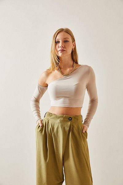 XHAN Beige schulterfreie Crop-Bluse 4KXK2-47652-25