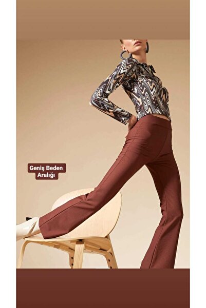 Genel Markalar Büyük Beden Kadın Kahverengi Ispanyol Paça Krep Tayt