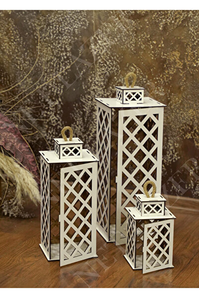 NET Dekoratif 3lü Ahşap Fener Mumluk Beyaz