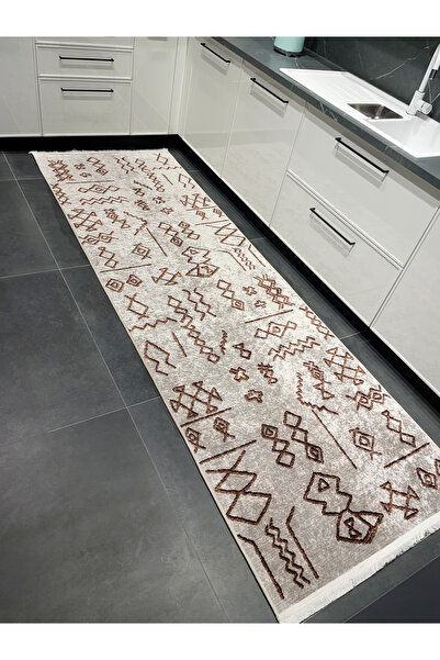 Brillant BEJ Renk Etnik Desenli Lateks Taban Mutfak Halısı