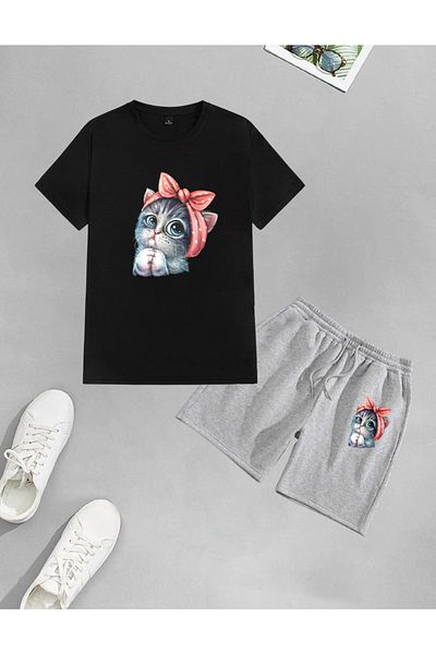 AY MONTANA LUNAVISTA Unisex Cute Little Cat εμπριμέ σορτς-μπλουζάκι