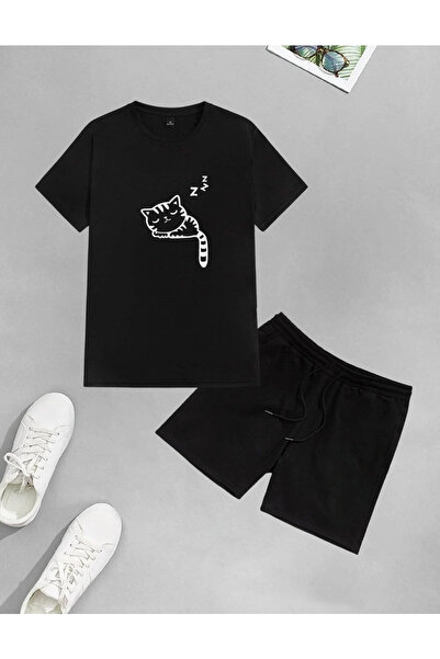 AY MONTANA Set de tricou cu pantaloni scurți cu imprimeu de pisici unisex Orc...