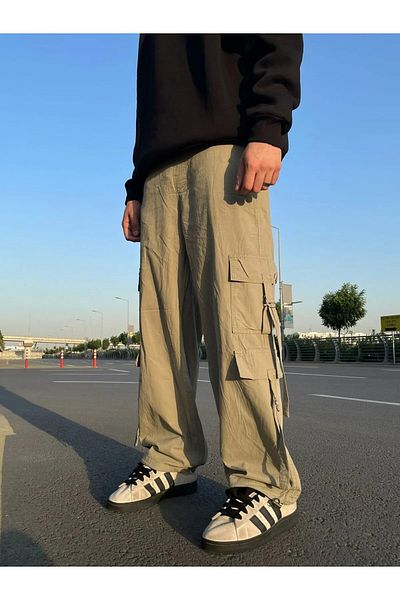 Gofeel Y2k Cream Strap Λεπτομερές Oversize Baggy Tech Παντελόνι THESOLO