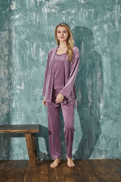 MEBA Women's French Velvet Lilac 3-Piece Pajama Set with Dressing Gown Dowry Set