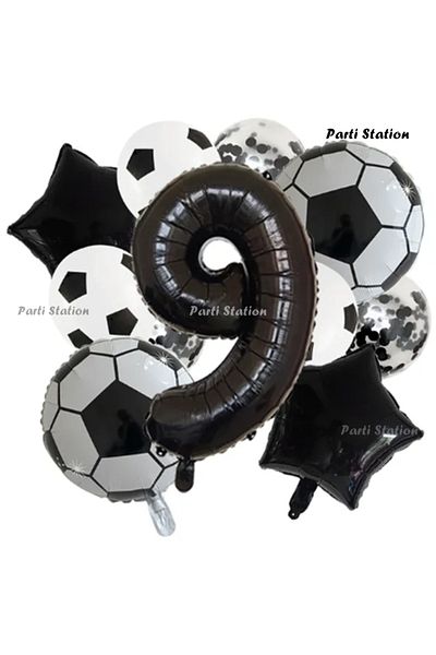Parti Station Black and White Concept 9 Years Old Birthday Balloon Set Black and White Football Theme Birthday Balloon Set