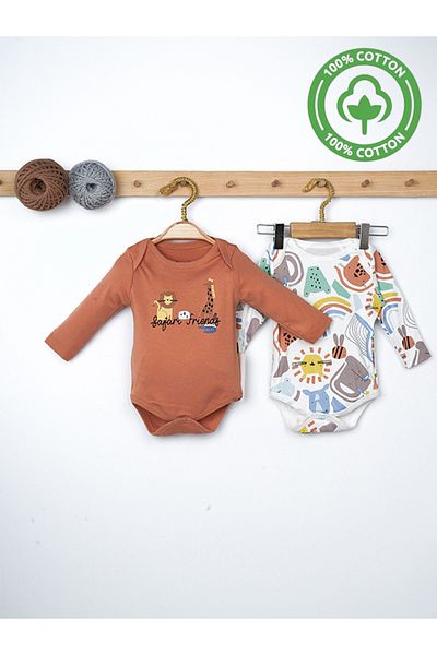 Rise Raba Baby 100% Cotton Safari Animal Printed Long Sleeve Snap-Up 2-Piece Bodysuit 3-18 Months