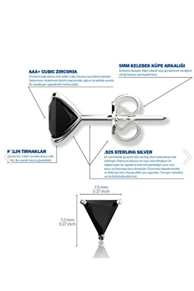 Begonia Accessories 925 Ayar Gümüş , Üçgen Siyah Zirkon Tek Taş Unısex 1 Adet Küpe Çift Değil