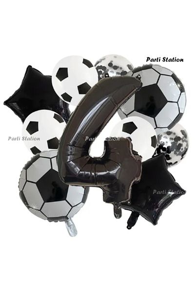 Parti Station Black and White Concept 4 Years Old Birthday Balloon Set Black and White Football Theme Birthday Balloon Set