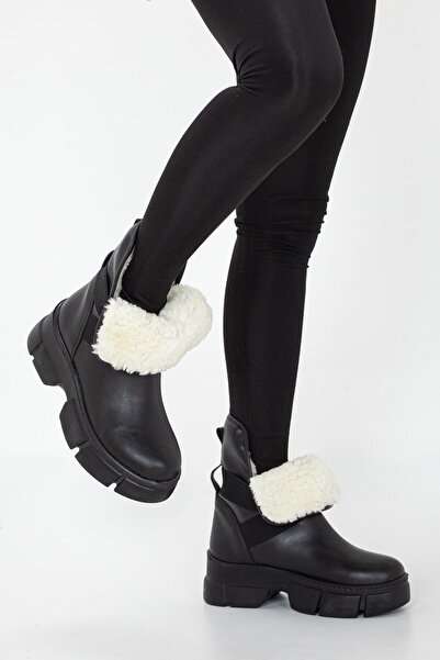 LULO Kadın Içi Kürklü Bilekten Lastikli Spor Kalın Tabanlı Şık Kışlık Bot Postal