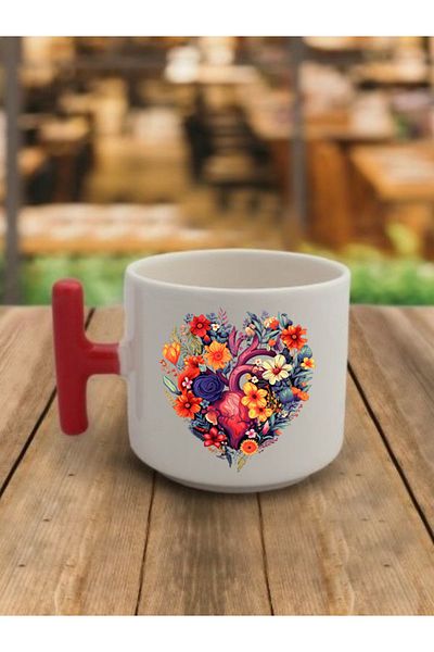 lili hediyelik Heart and Flower Coffee Cup Ceramic Mug - Ceramic Tea, Coffee Gift Cup