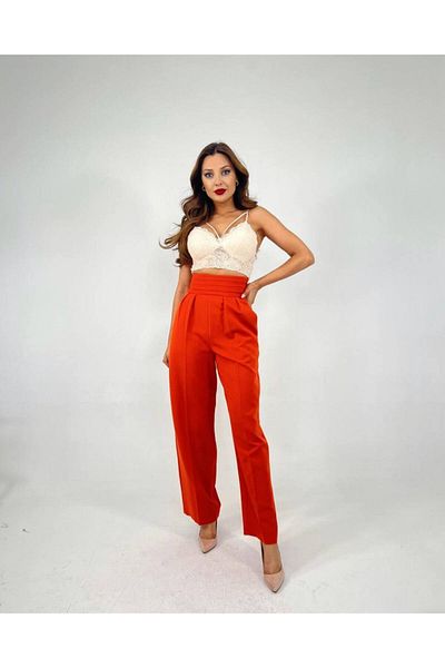 edzmoda Women's Red Palazzo Model High Waist Fabric Trousers