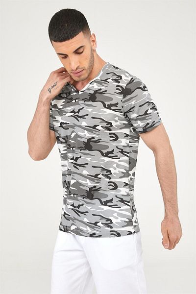 Seamoda Camouflage Pattern V-Neck Long Length Men's Tshirt-GRAY