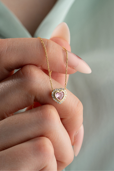 Nereze 925 Ayar Gümüş Gold Kaplama Pembe Taşlı Kalp Kolye