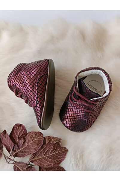 Hodore Burgundy Printed Genuine Leather Baby Booties