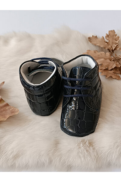 Hodore Printed Navy Blue Genuine Leather Baby Booties