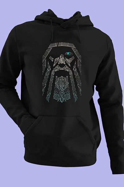 Raf Coll Unisex Oversize Μαύρο φούτερ με κουκούλα Odin Design Digital Printed με δύο κλωστές Fleece