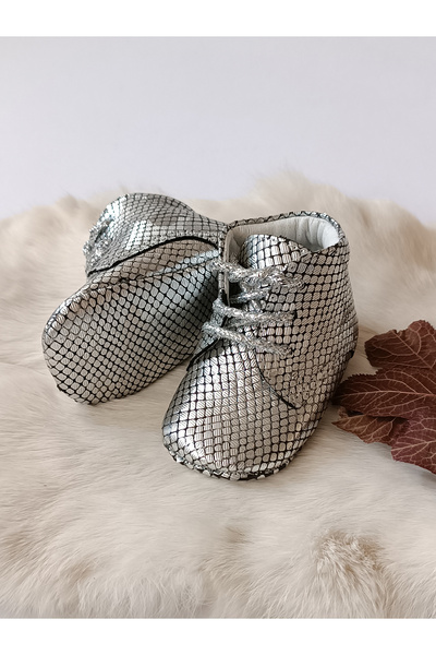 Hodore Silver Printed Genuine Leather Baby Booties