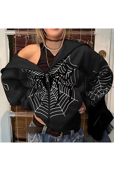Gofeel Harajuku Street Black Allover Spider Zippered (Unisex) Hooded Cardigan Wear