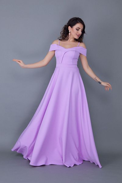 vuvutasarım Lycra Fabric Thin Strap V-Neck Wide Flared Cut Long Maxi Length Lilac Evening Dress 342