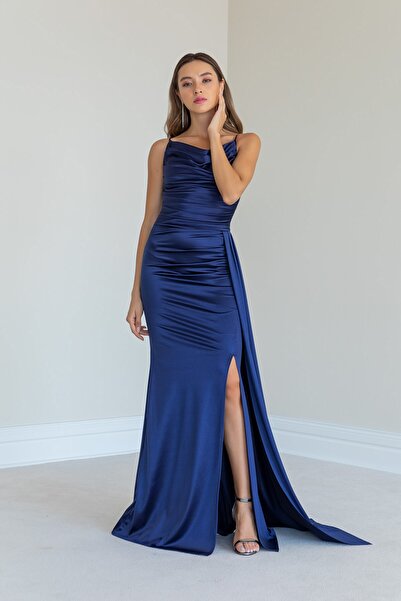 barış sülün lovebox Saténová látka na hrudi svěšený detail rozparku Rybí střih Maxi délka Námořnická modrá Saténové večerní šaty 39461
