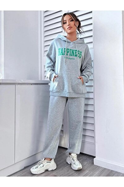 mercoledi Happiness Jogger Γκρι φούτερ στο κάτω επάνω μέρος Σετ φόρμας Oversize Crew Neck