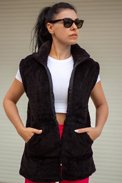 Azıcık Akıllı Жіночий чорний плюшевий жилет з товстою блискавкою та коміром-стійкою 23KYLKMY10