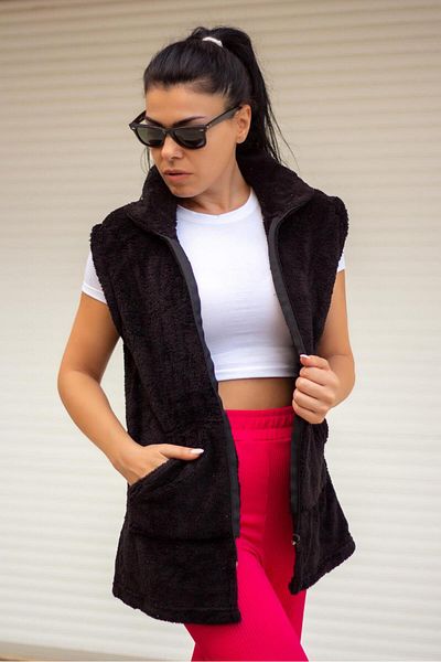 Azıcık Akıllı Women's Black Plush Welsoft Thick Zippered Prevailing Collar Vest 23KYLKMY10