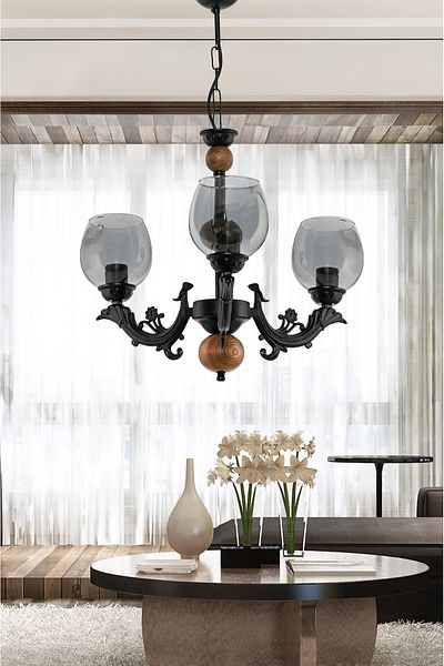 DEDE THREE-ARMED WOODEN BLACK SAVA ZAMAK CHANDELIER WITH SMOKED GLASS