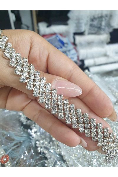 ESRA ŞELEM Decorative Ribbon Silver Color Stoned Fringe Ribbon 1 Meter