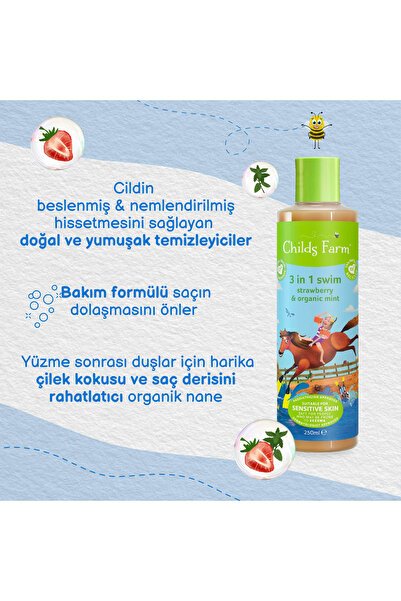 Childs Farm Çilek Ve Organik Nane Özlü 3'ü 1 Arada Yüzme Sonrası Çocuk Şampuan 250ml