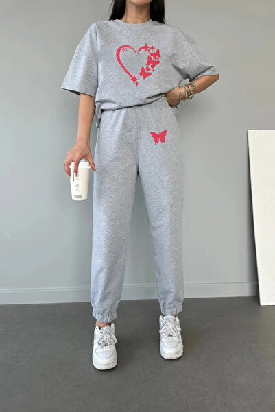 AY MONTANA LUNAVISTA Women's Butterfly Heart Printed T-shirt - Jogger T-Shirt Crew Neck Bottom Top Tracksuit Set