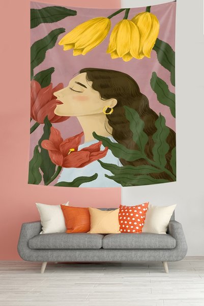 Latibule Peaceful Girl Between Tulips and Llyumlar Bohemian Stain Resistant F...
