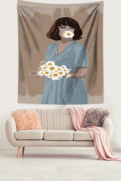 Latibule Girl Holding a Daisy Harness Stain-Proof Fabric Wall Cloth Wall Carp...