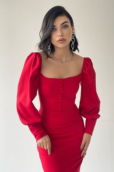 lovebox Червена миди вечерна рокля с копчета с квадратна яка и маншети с детайлен дизайн на атлас 177