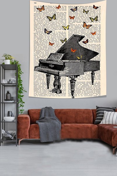 Latibule Piano and Butterflies Stain Resistant Fabric Wall Cloth Wall Tapestr...