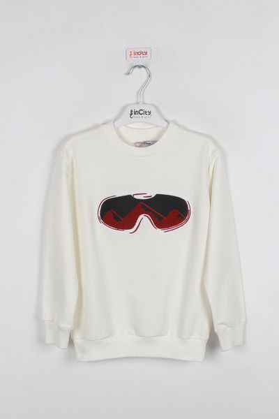 incity Kids Boy Glasses Embroidered Detailed Ecru Sweatshirt