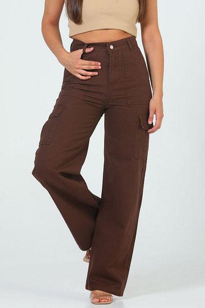 LİMABEL High Waist Brown Cargo Pocket Jeans 100% Cotton