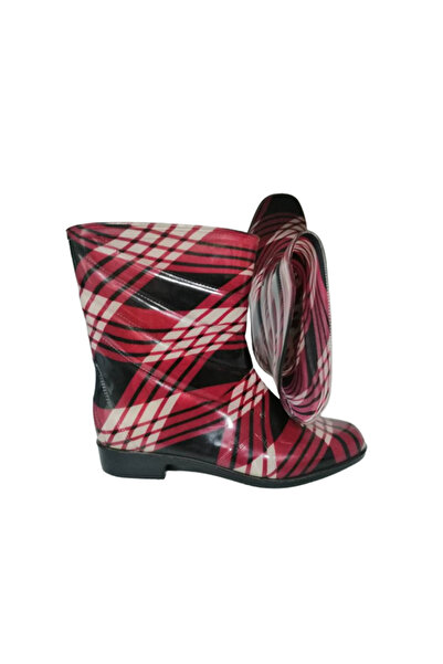 Gülsoy Kırmızı Kareli Kadın Ultra Hafif Kaymaz Taban Yağmur Çizmesi