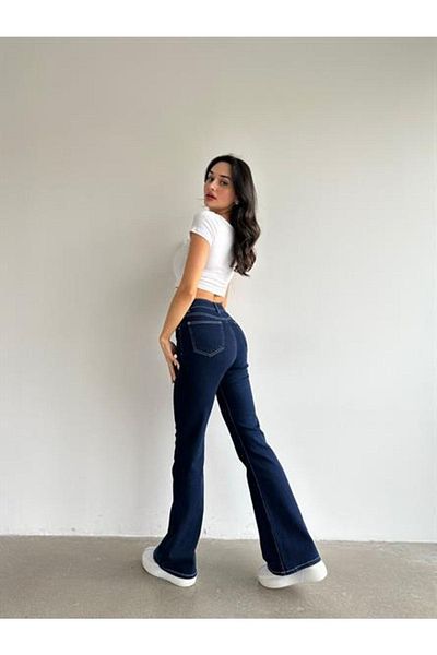ByCukurovaFrango Navy Blue Spanish Leg Power Lycra Flare Jean Women's Trousers
