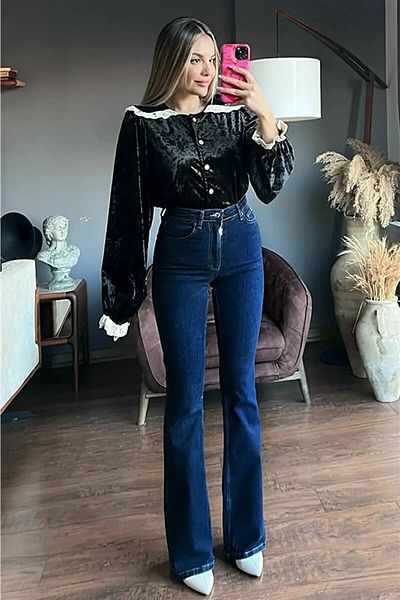 ByCukurovaFrango Monera Indigo High Waist Lycra Navy Blue Spanish Jeans Trousers