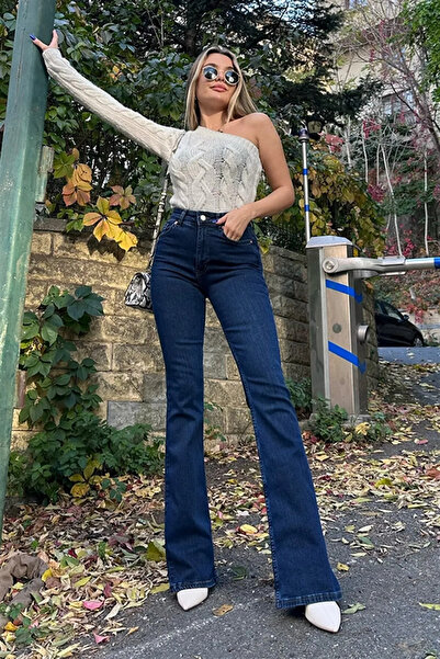 ByCukurovaFrango Monera Navy Blue Spanish Flare Jeans Παντελόνι με ψηλόμεσο τζιν