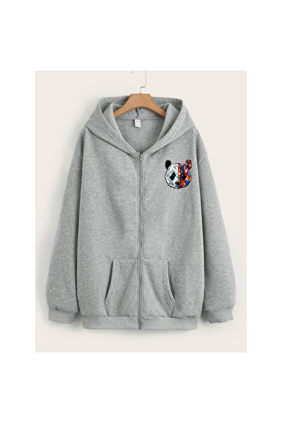 NO 601 جاكيت باندا رمادي اللون للجنسين مطبوع من الأمام والخلف